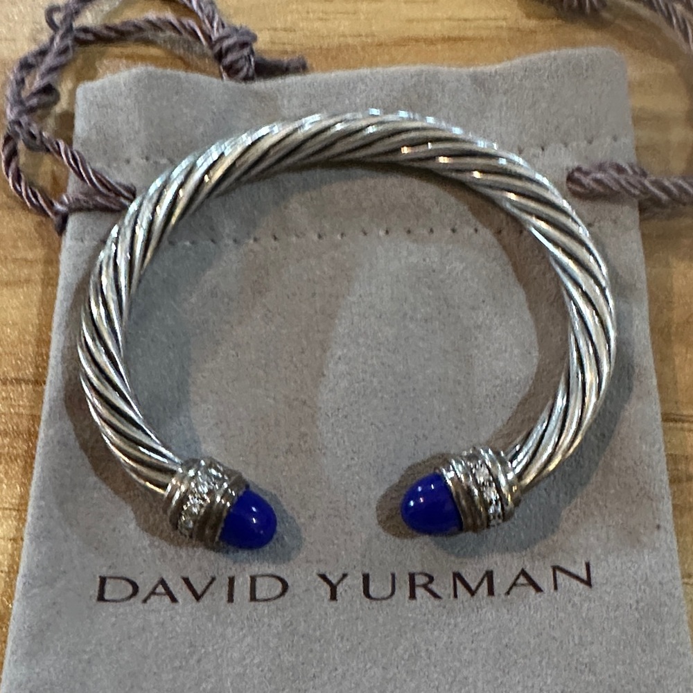 David Yurman Sterling Cable Cuff with Lapis-Blue Terminals and diamonds.